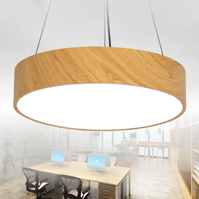 Wood Grain Drum Shaped Pendant Nordic Metal LED Hanging Lamp with Acrylic Shade for Office