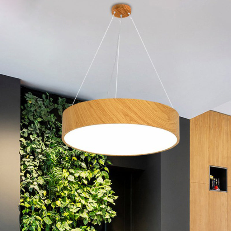 Wood Grain Drum Shaped Pendant Nordic Metal LED Hanging Lamp with Acrylic Shade for Office