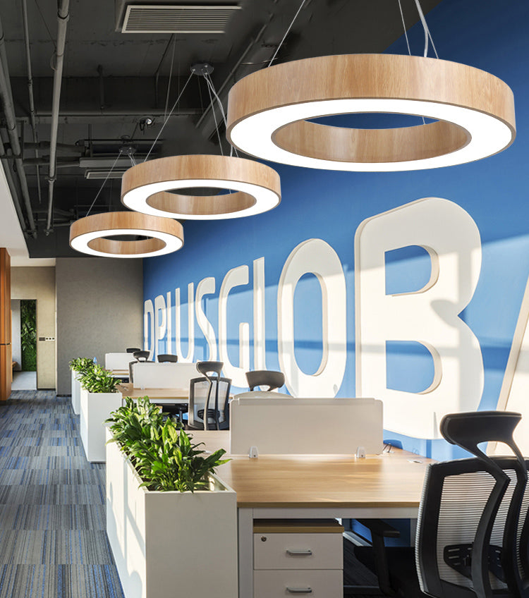 Illuminazione a sospensione circolare in stile nordico finitura in legno da ufficio in metallo luce a sospensione