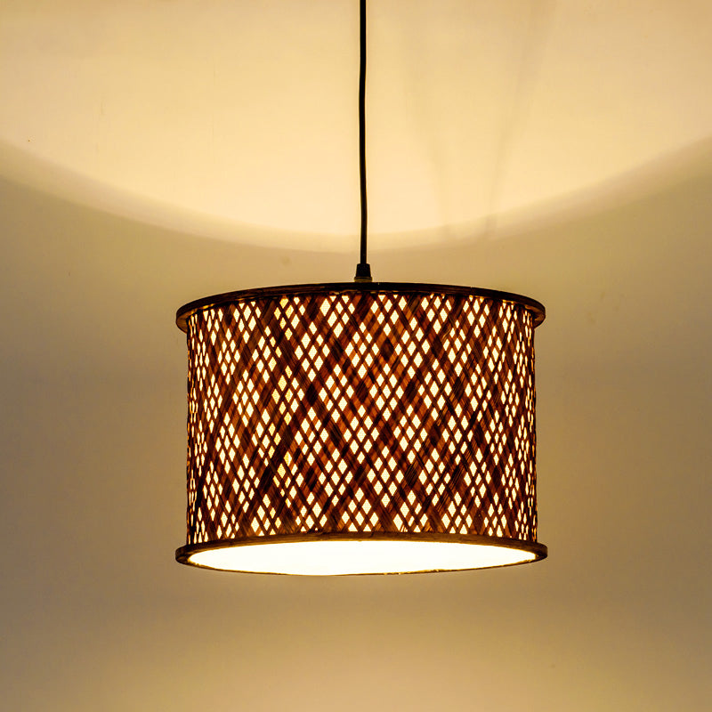Dark Brown Woven Suspension Pendant Contemporary 1 Bulb Bamboo Hanging Light Kit