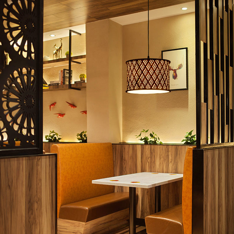 Dark Brown Woven Suspension Pendant Contemporary 1 Bulb Bamboo Hanging Light Kit