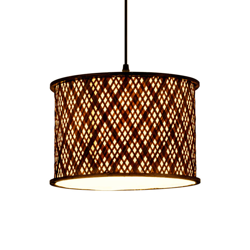 Dark Brown Woven Suspension Pendant Contemporary 1 Bulb Bamboo Hanging Light Kit