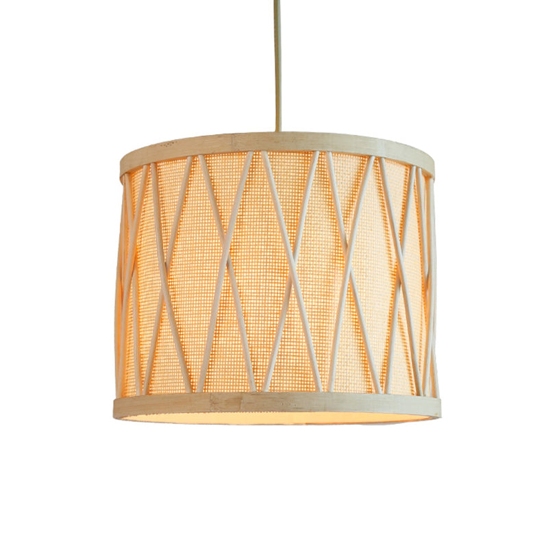 Bamboo Drum Ceiling Lamp Modern 1 Bulb Hanging Pendant Light in Beige for Living Room