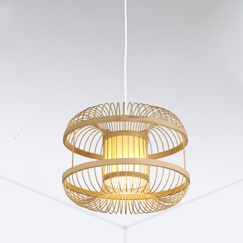 Modern Round Pendant Lighting Bamboo 1 Bulb Hanging Light Fixture in Wood with Cylinder Parchment Shade