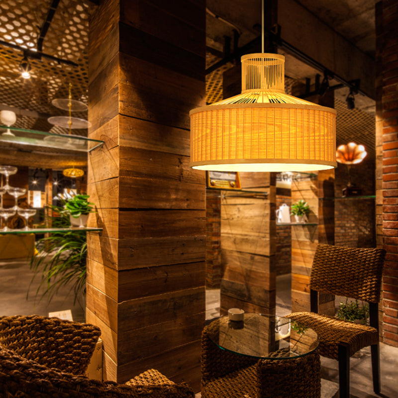 18"/23.5" Wide Cylinder Suspension Pendant Retro Bamboo 1 Bulb Wood Hanging Light Kit