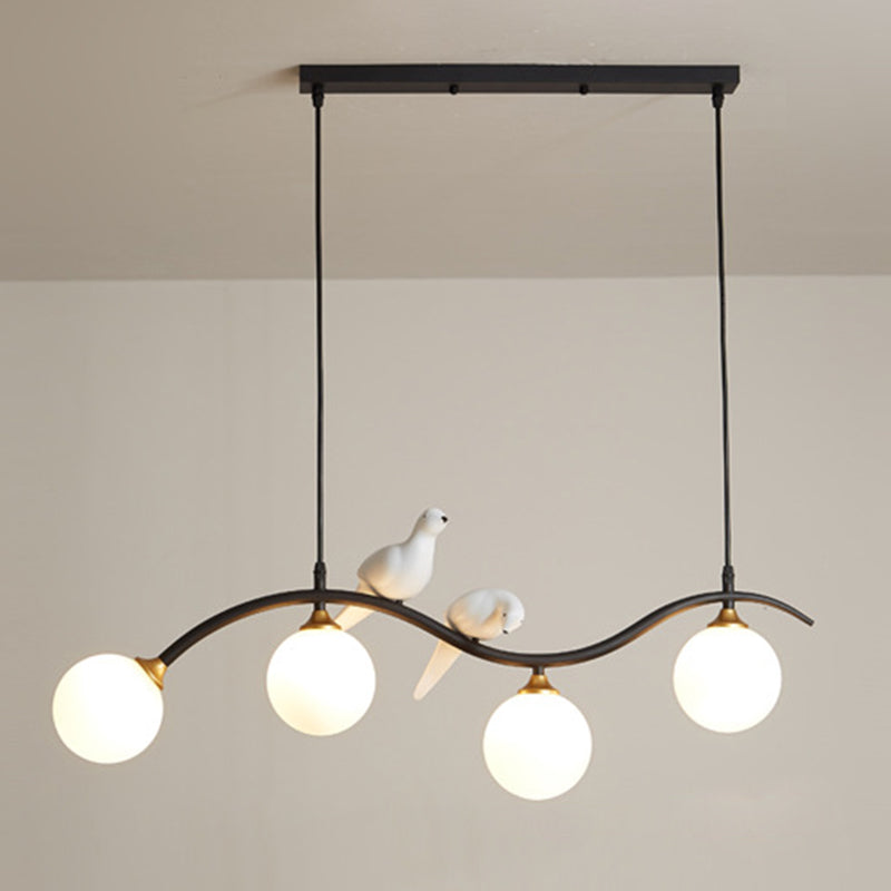 Branch and Bird Island Light Minimalist Metal Diner Ceiling Pendant with Ball Opal Glass Shade