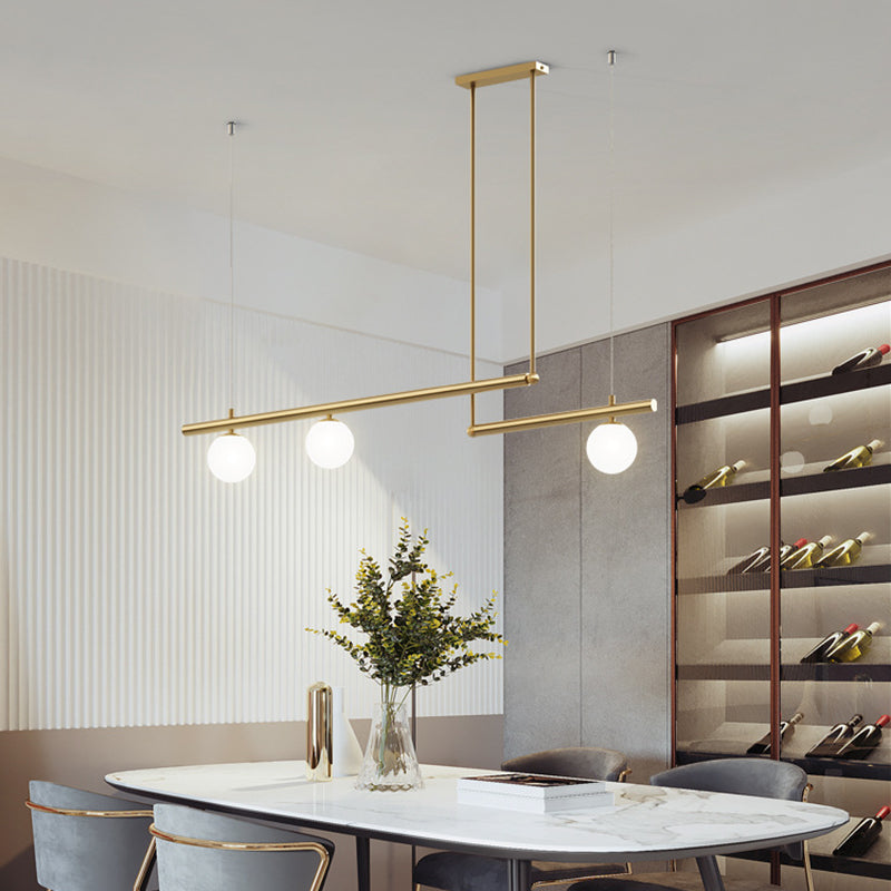 Gold Finish Linear Hanging Light Simplicity Metal Island Light with Ball White Glass Shade