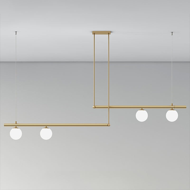 Gold Finish Linear Hanging Light Simplicity Metal Island Light with Ball White Glass Shade