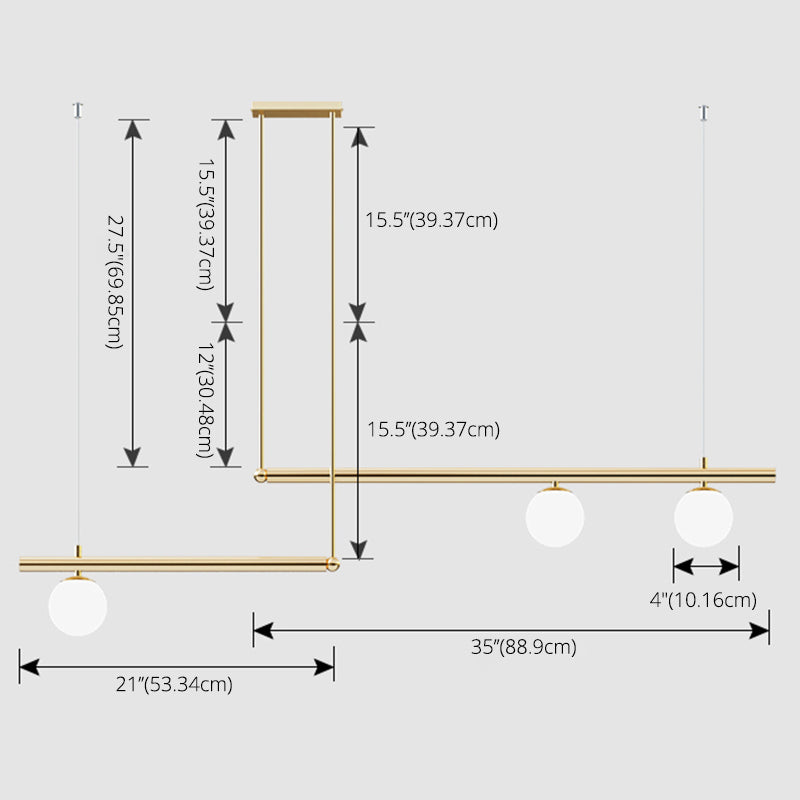Gold Finish Linear Hanging Light Simplicity Metal Island Light with Ball White Glass Shade