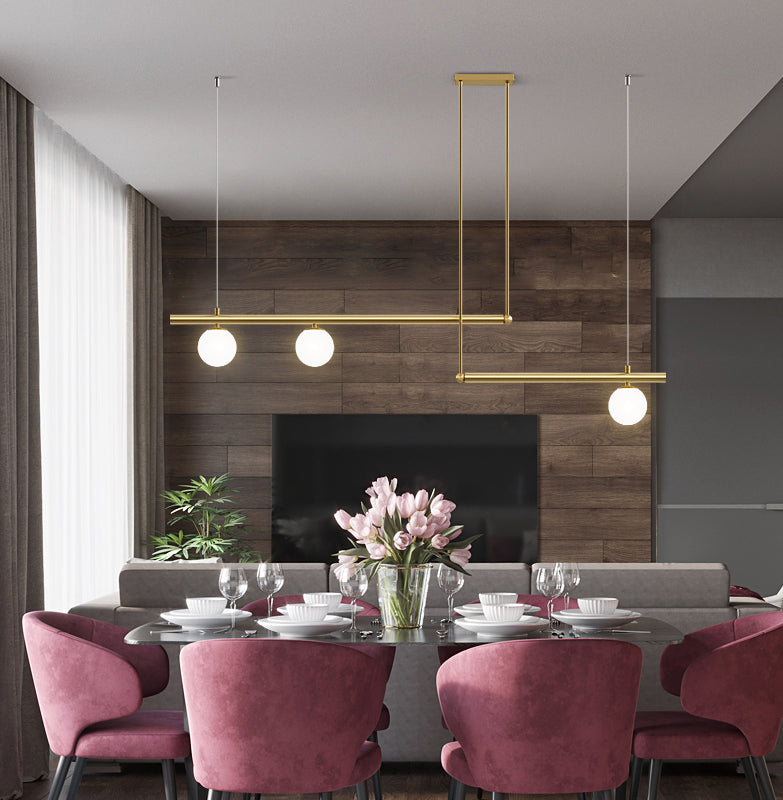 Gold Finish Linear Hanging Light Simplicity Metal Island Light with Ball White Glass Shade