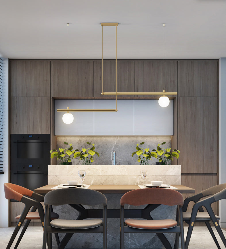 Gold Finish Linear Hanging Light Simplicity Metal Island Light with Ball White Glass Shade