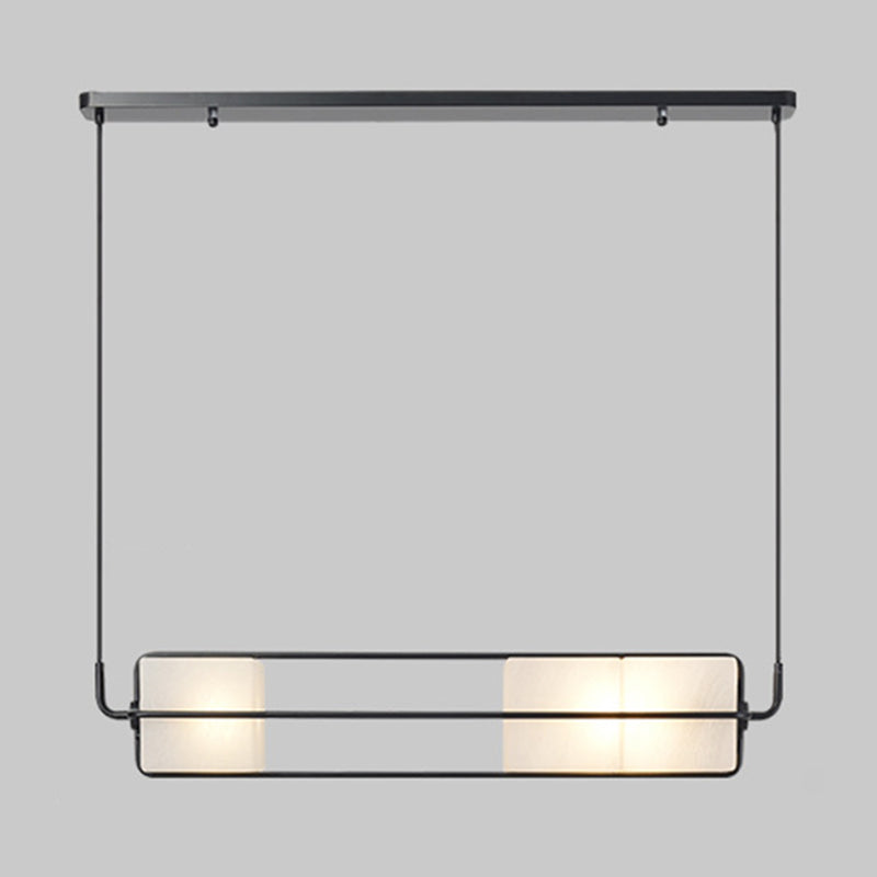 Frosted White Glass Box Pendant Lamp Modern 2-Light Black Island Lighting with Cage