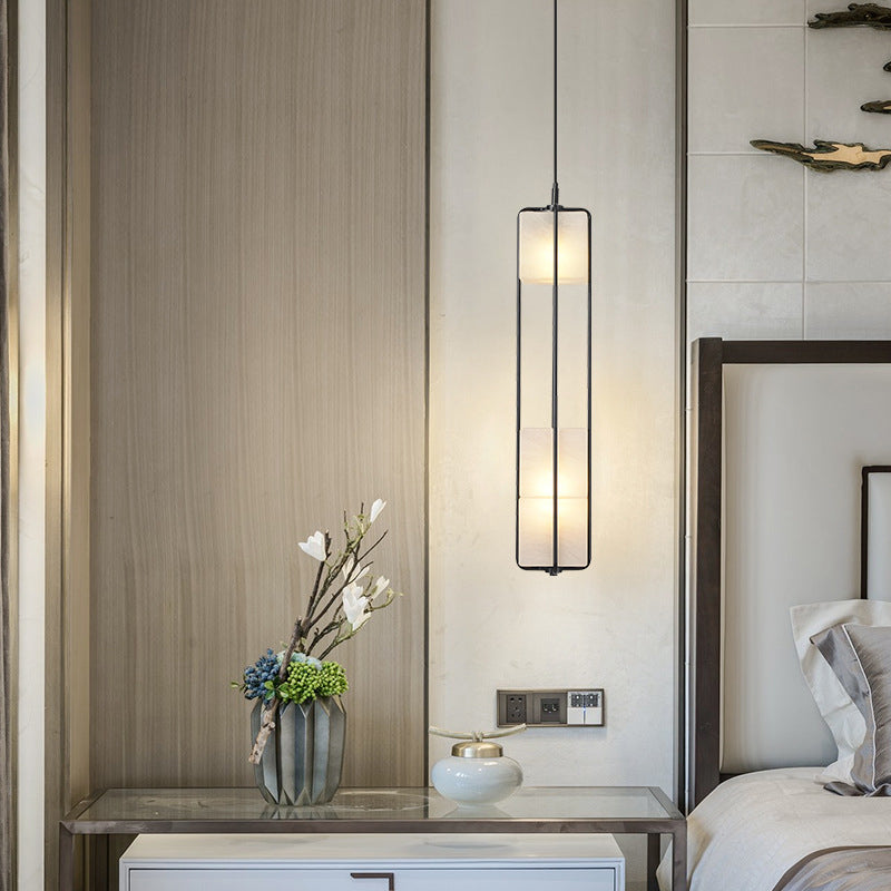 Frosted White Glass Box Pendant Lamp Modern 2-Light Black Island Lighting with Cage