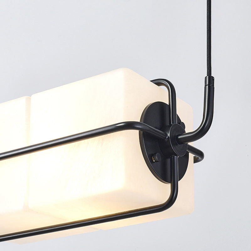 Frosted White Glass Box Pendant Lamp Modern 2-Light Black Island Lighting with Cage