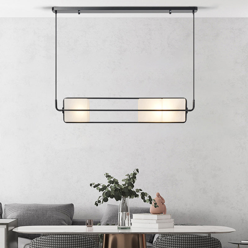 Frosted White Glass Box Pendant Lamp Modern 2-Light Black Island Lighting with Cage