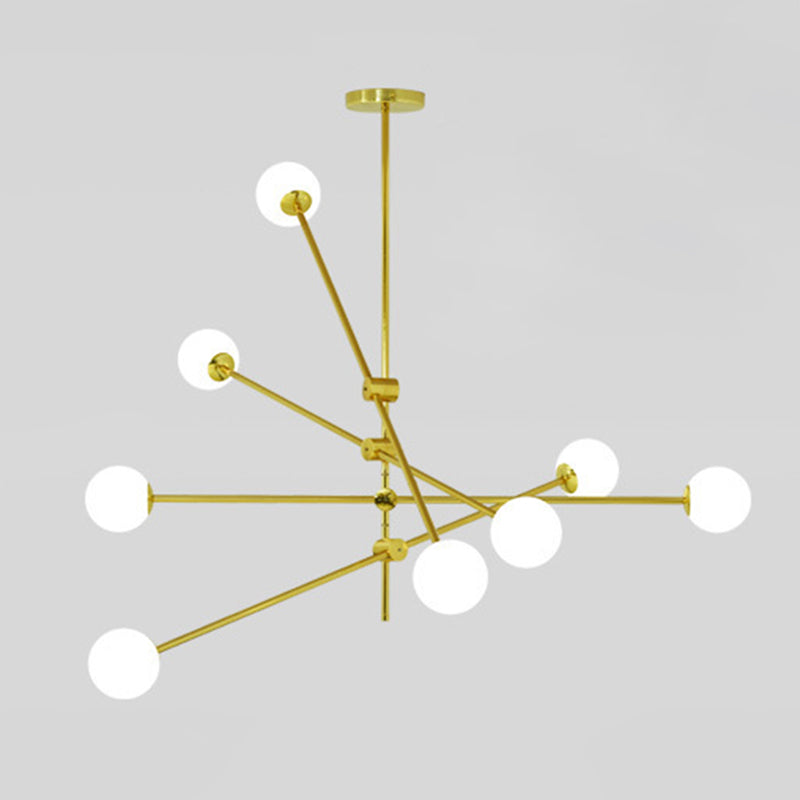 Rotating Linear Metal Island Light Fixture Minimalist Titanium Gold Pendant Light with Ball Milk Glass Shade