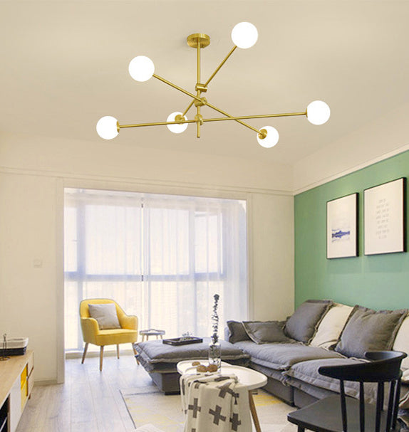 Rotating Linear Metal Island Light Fixture Minimalist Titanium Gold Pendant Light with Ball Milk Glass Shade