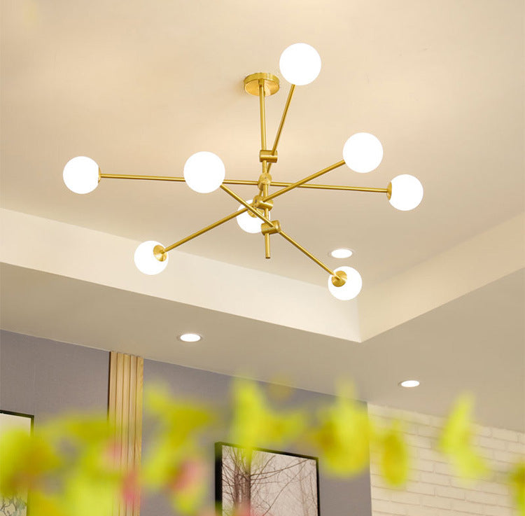 Rotating Linear Metal Island Light Fixture Minimalist Titanium Gold Pendant Light with Ball Milk Glass Shade