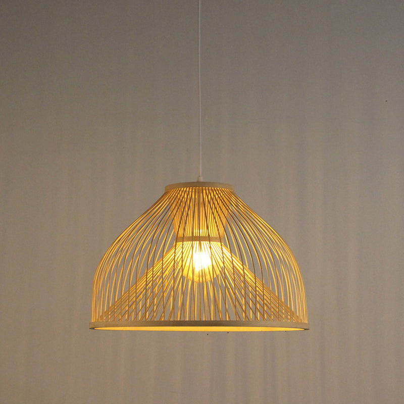 Bamboo Dome Suspension Pendant Light Contemporary 1 Head Wood Hanging Ceiling Light