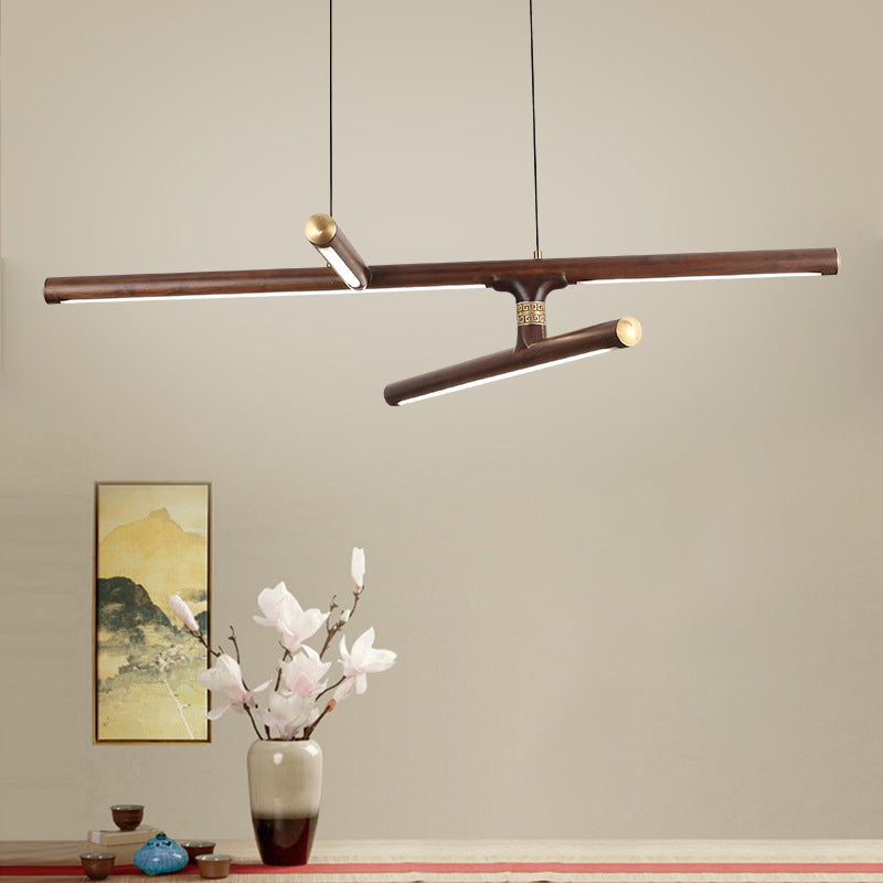 Linear Tea Room Suspension Lamp Wooden Minimalist LED Hanging Island Light Fixture