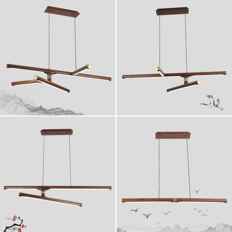 Linear Tea Room Suspension Lamp Wooden Minimalist LED Hanging Island Light Fixture