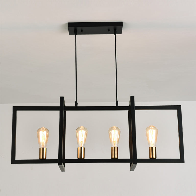 Rectangular Diner Hanging Lamp Industrial Metal 4-Bulb Black Cage Island Lighting