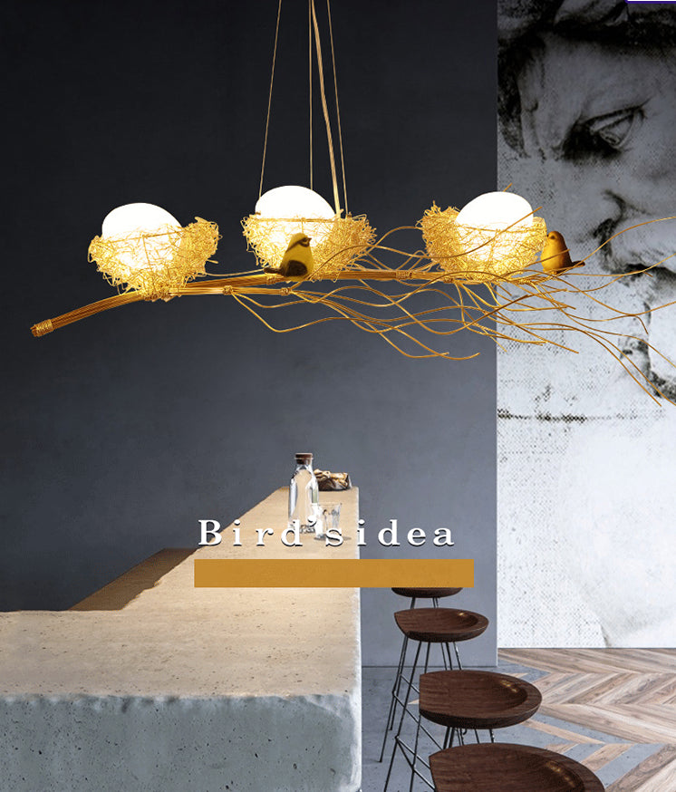 Bird and Nest Island Lampada decorativa in metallo in metallo appeso con tonalità in vetro di uova