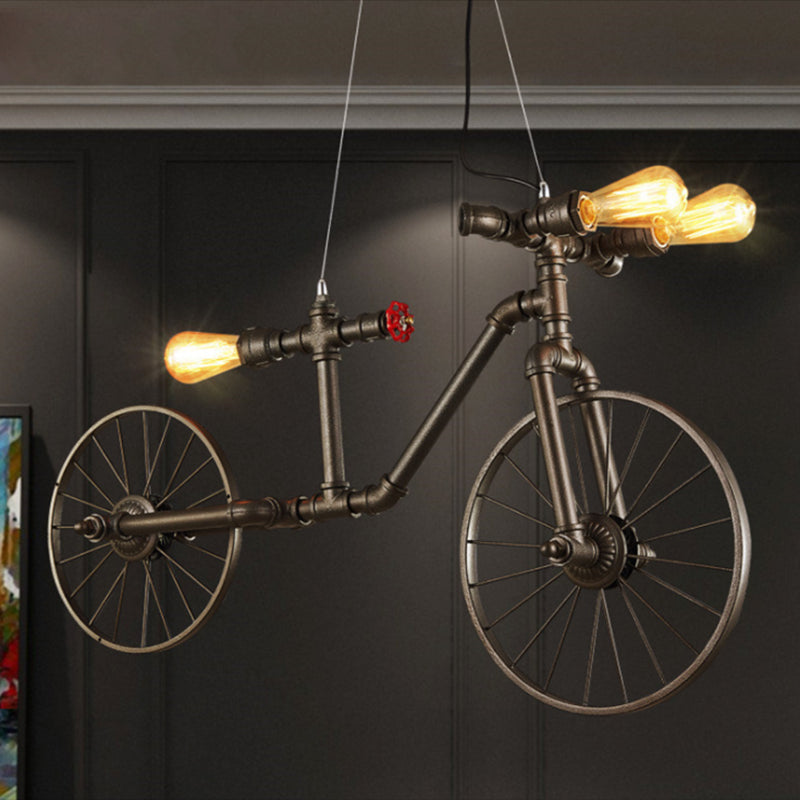 Lampada a sospensione a sospensione a forma di bici a forma di bici decorativo in metallo a 3 luci in bronzo