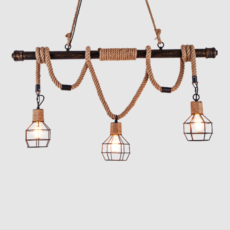 Beige 3-Light Island Lamp Industrial Metal Grenade Shaped Pendant Light with Pipe and Hemp Rope