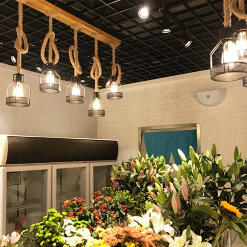 5-Head Rope Pendant Lamp Industrial Beige Linear Restaurant Island Light with Cage