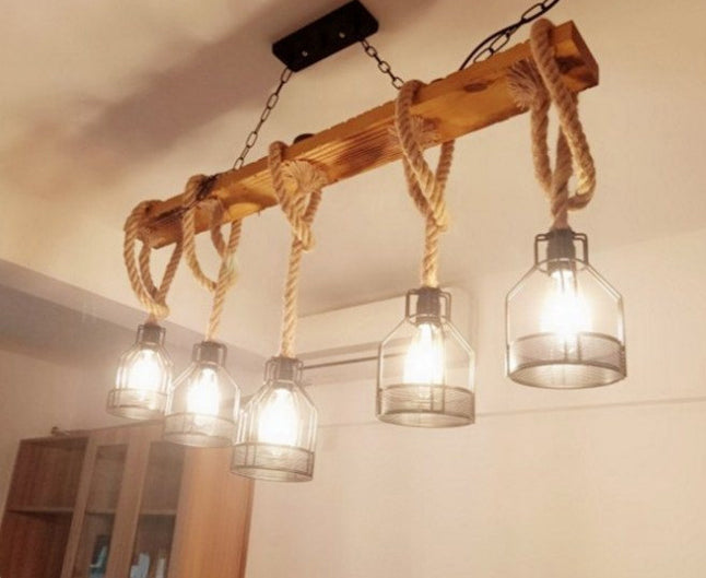 5-Head Rope Pendant Lamp Industrial Beige Linear Restaurant Island Light with Cage