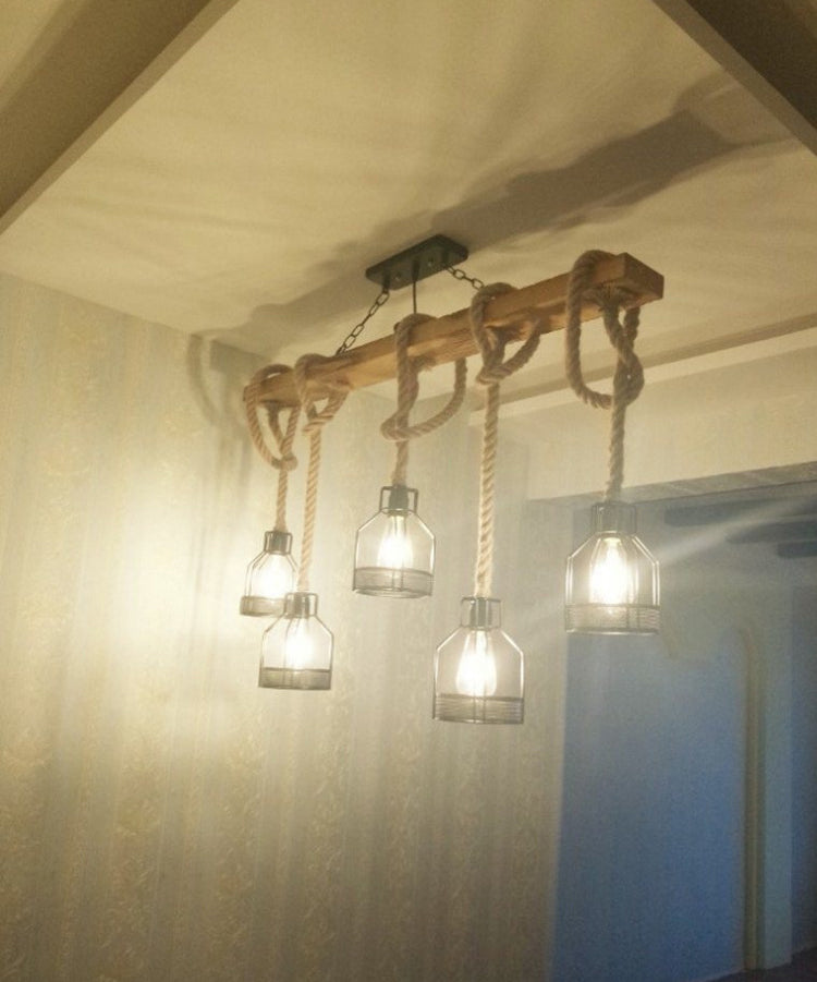 5-Head Rope Pendant Lamp Industrial Beige Linear Restaurant Island Light with Cage