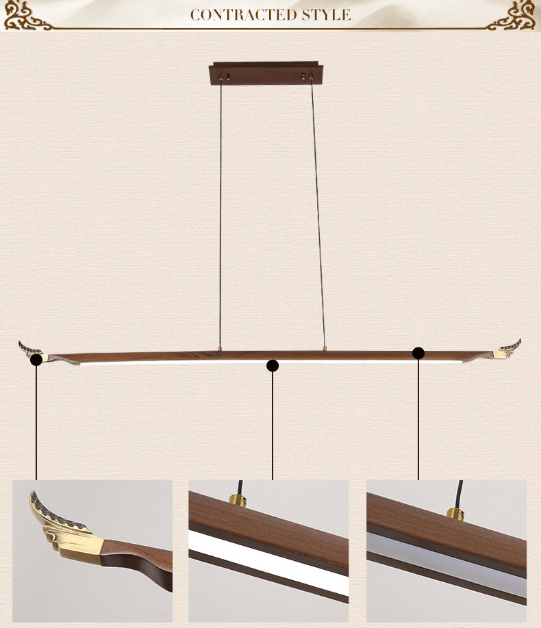 Minimalistic Linear Island Lighting Walnut Wood Tea Room LED Hanging Light in Dark Brown
