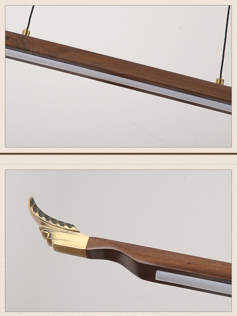 Minimalistic Linear Island Lighting Walnut Wood Tea Room LED Hanging Light in Dark Brown