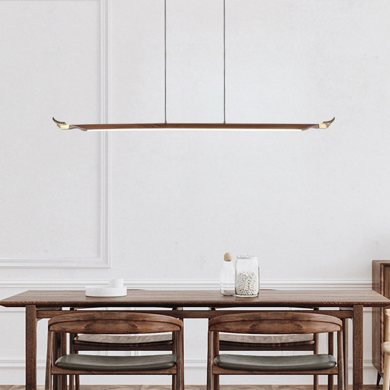 Minimalistic Linear Island Lighting Walnut Wood Tea Room LED Hanging Light in Dark Brown
