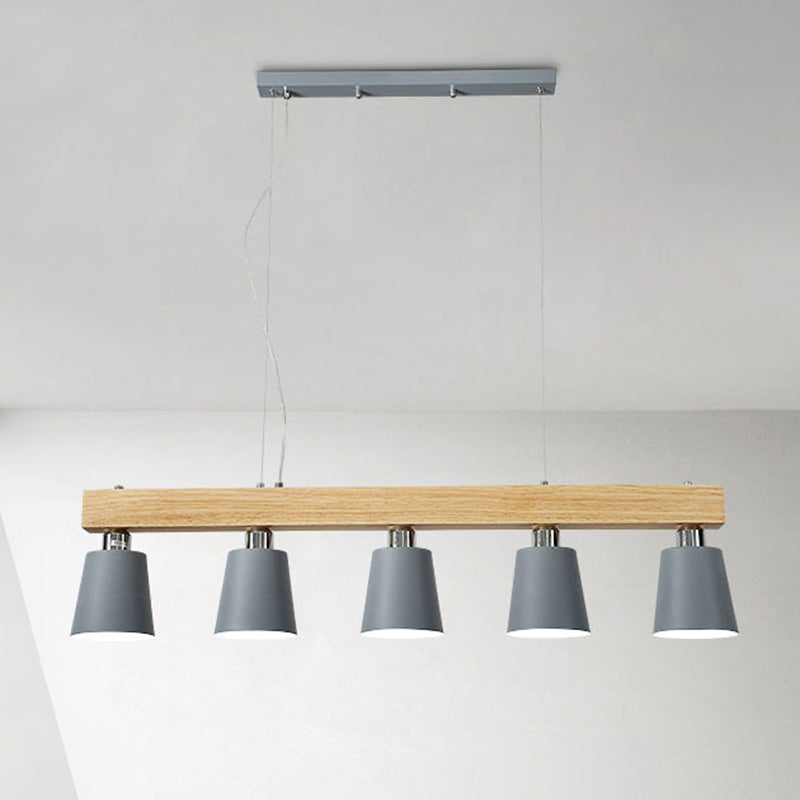 Linear Wooden Island Light Fixture Nordic Suspension Light with Tapered Metal Shade