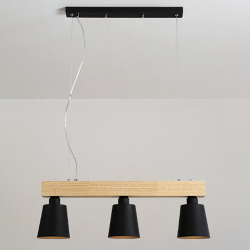 Linear Wooden Island Light Fixture Nordic Suspension Light with Tapered Metal Shade