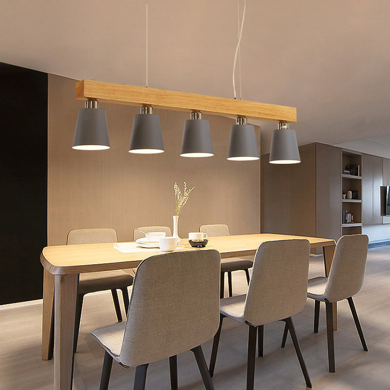 Linear Wooden Island Light Fixture Nordic Suspension Light with Tapered Metal Shade