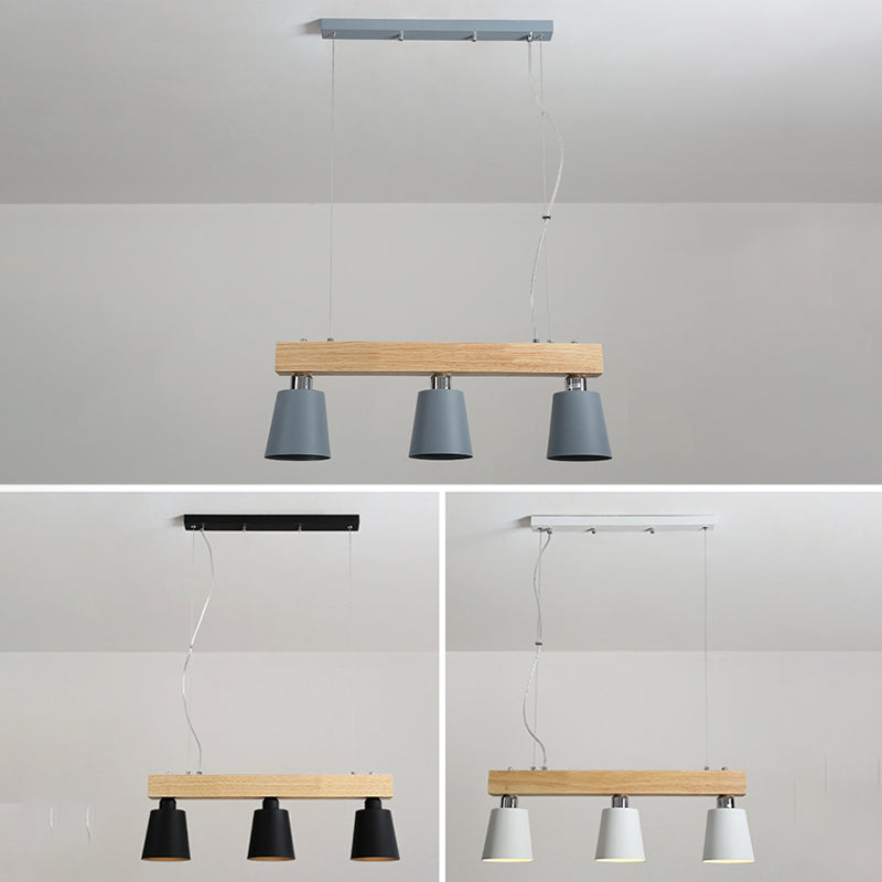 Linear Wooden Island Light Fixture Nordic Suspension Light with Tapered Metal Shade