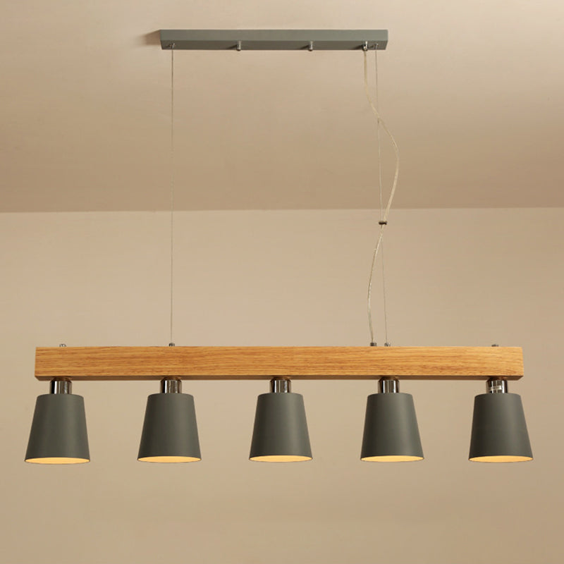 Linear Wooden Island Light Fixture Nordic Suspension Light with Tapered Metal Shade
