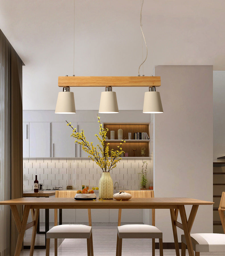 Linear Wooden Island Light Fixture Nordic Suspension Light with Tapered Metal Shade