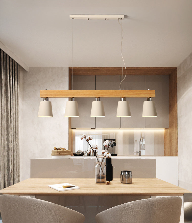 Linear Wooden Island Light Fixture Nordic Suspension Light with Tapered Metal Shade