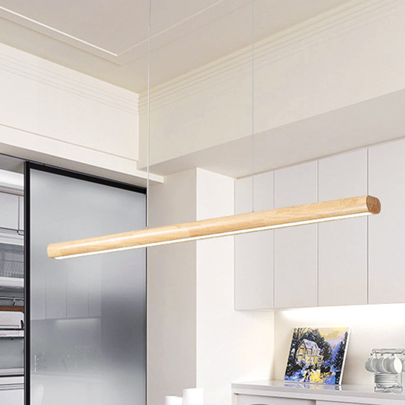 Nordic Rod Shaped Island Lamp Wooden Dining Room LED Linear Pendant Light in Beige