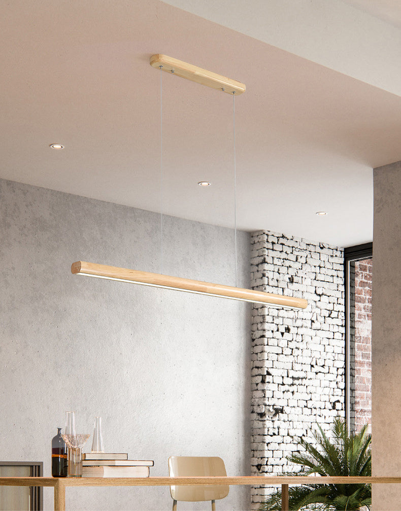 Nordic Rod Shaped Island Lamp Wooden Dining Room LED Linear Pendant Light in Beige