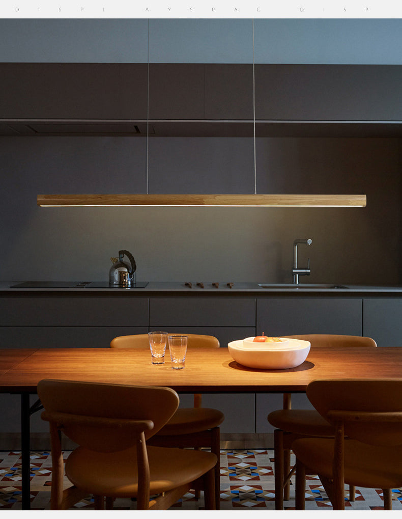 Nordic Rod Shaped Island Lamp Wooden Dining Room LED Linear Pendant Light in Beige