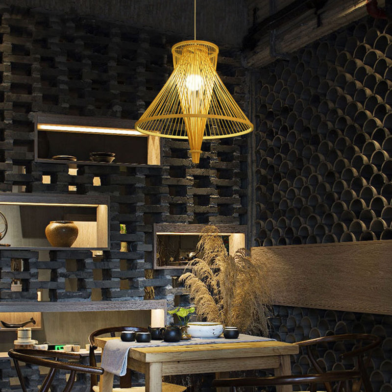 Colgante de suspensión de cono bambú retro 1 bulbo de madera kit de luz colgante para casa de huéspedes