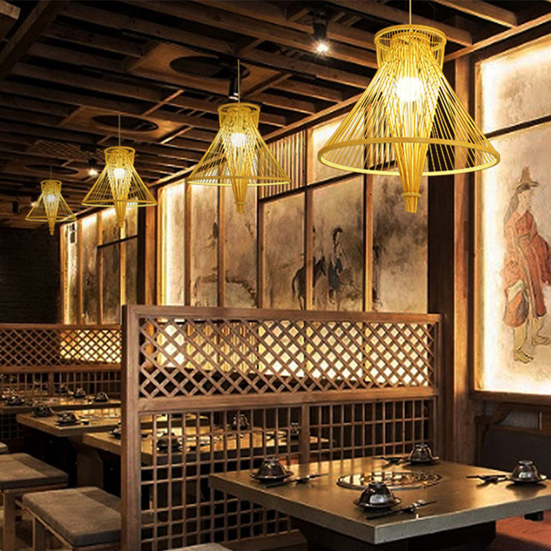 Colgante de suspensión de cono bambú retro 1 bulbo de madera kit de luz colgante para casa de huéspedes
