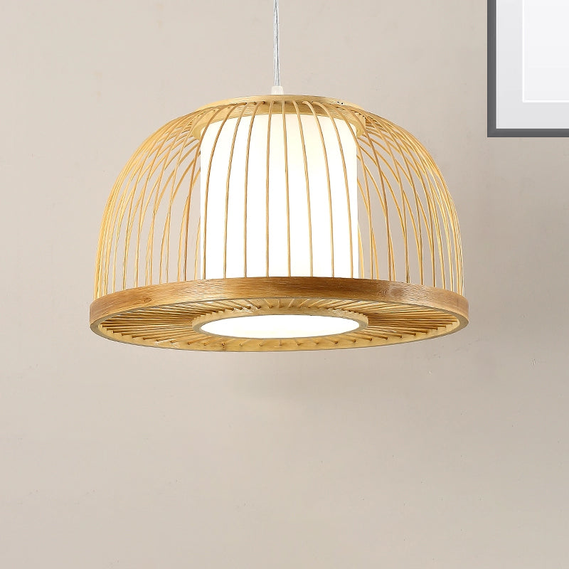 Dome colgante de luz modernismo bambú 1 bombilla de 14 "/16" de ancho lámpara de techo de madera de ancho con sombra de tela interna