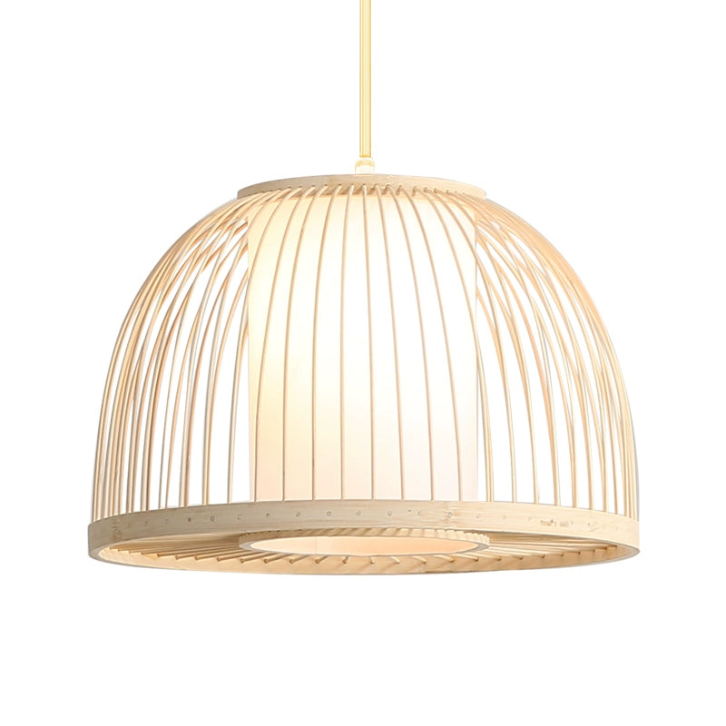 Dome colgante de luz modernismo bambú 1 bombilla de 14 "/16" de ancho lámpara de techo de madera de ancho con sombra de tela interna