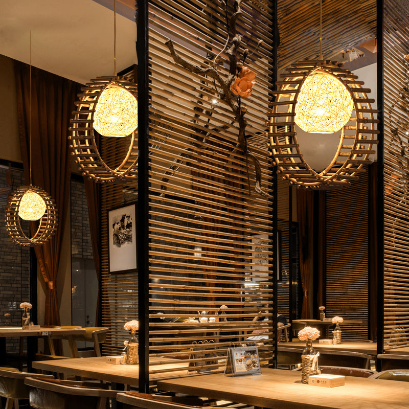 Bambus kreisförmige Suspension Anhänger zeitgenössische 1 Kopf Beige hängende Deckenleuchte